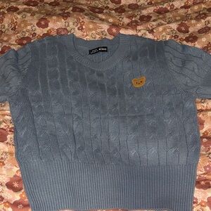 SHEIN Blue Cable Knit Sweater with Bear Patch